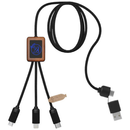 SCX.design C38 40W 5-in-1 rPET light-up logo charging cable with squared wooden casing