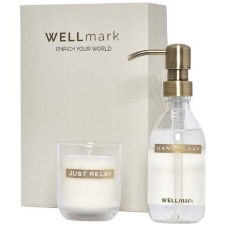 Wellmark Discovery 250 ml hand soap dispenser and 150 g scented candle set
