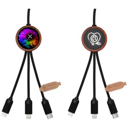SCX.design C37 40W 5-in-1 rPET light-up logo charging cable with round wooden casing